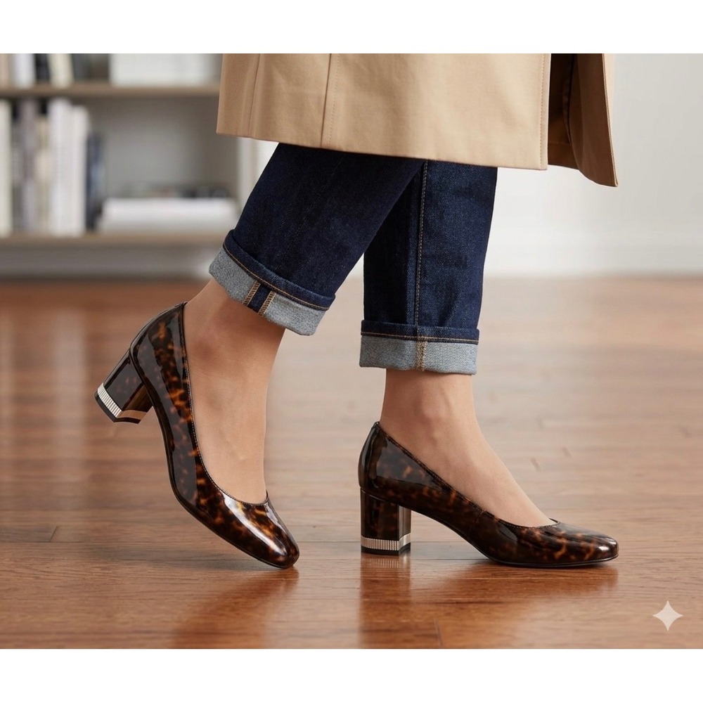 Bandolino BNCLAIRE3 Tortoiseshell Patent Square Toe Block Heel Pumps Brown 7.5M